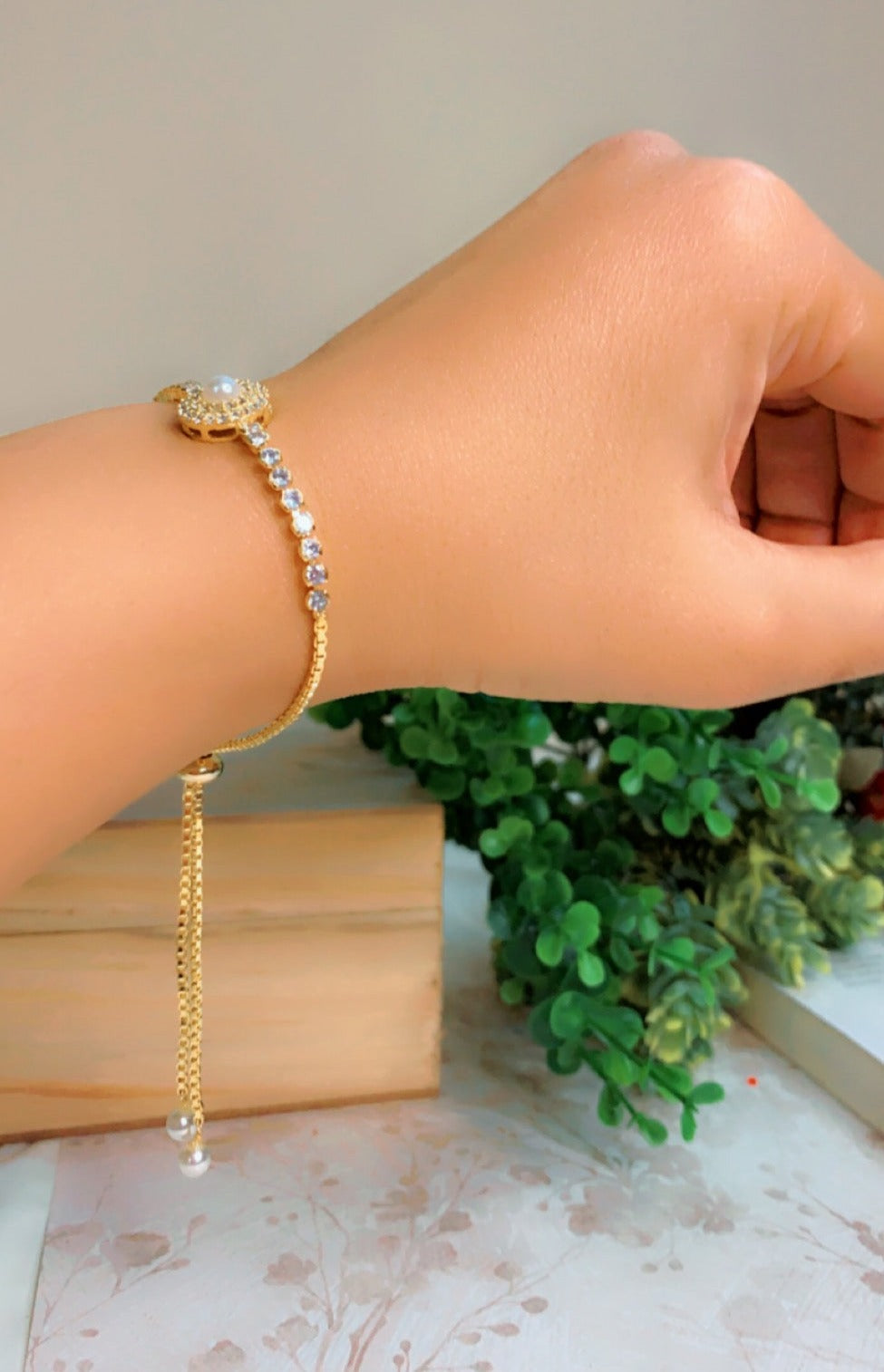Gold Pearl Centre Cz Bracelet