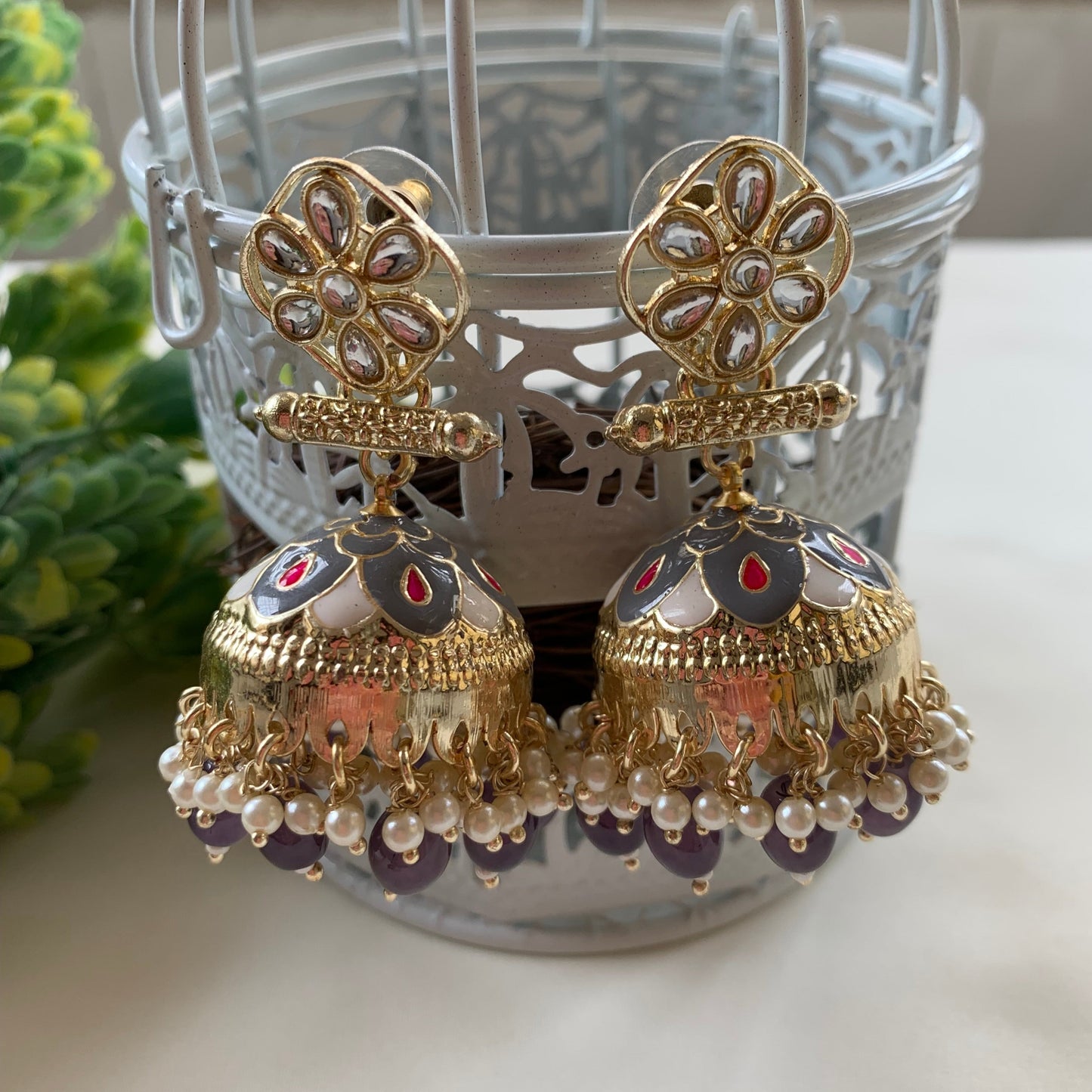 Saira Grey & White Meenakari & Kundan Jhumkas