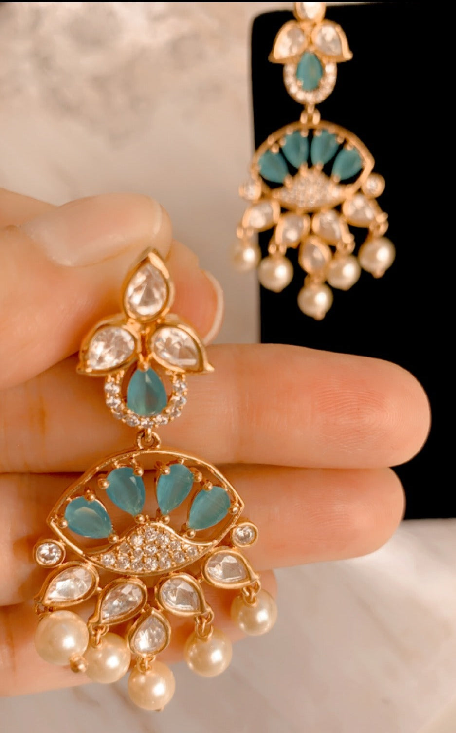 Fulki Aqua tone Kundan Zirconia with Pearl Drop Earrings