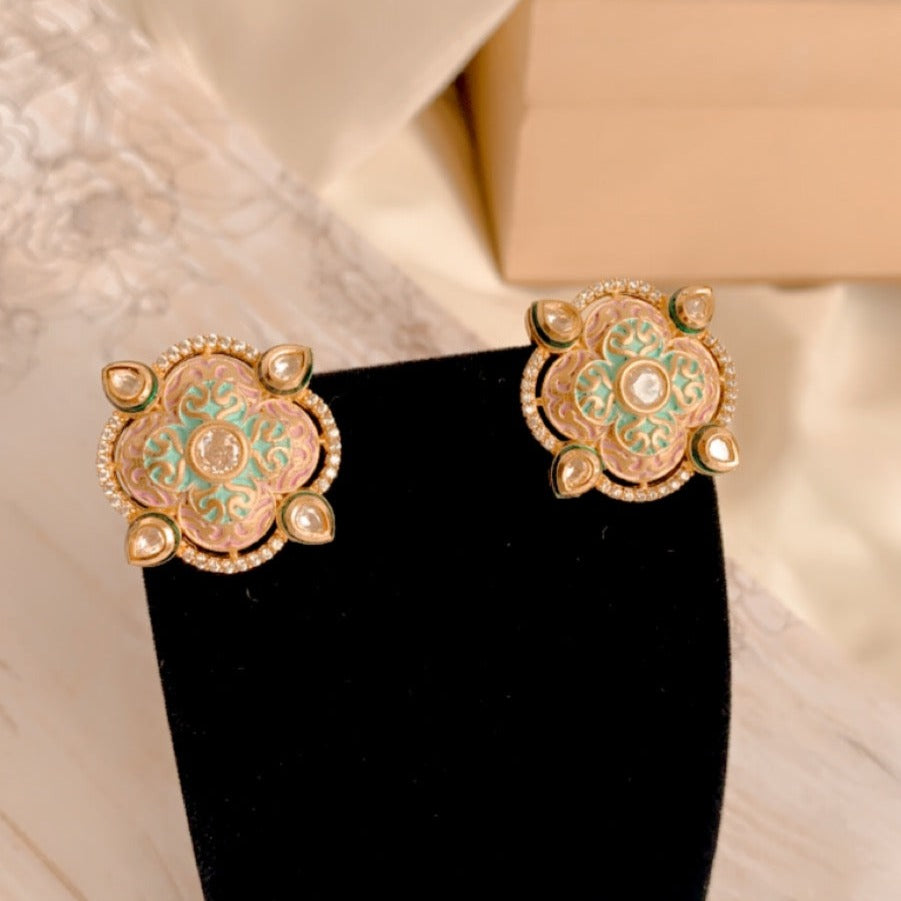 Fulki Meenakari Pink Pista green stud earrings with finger ring
