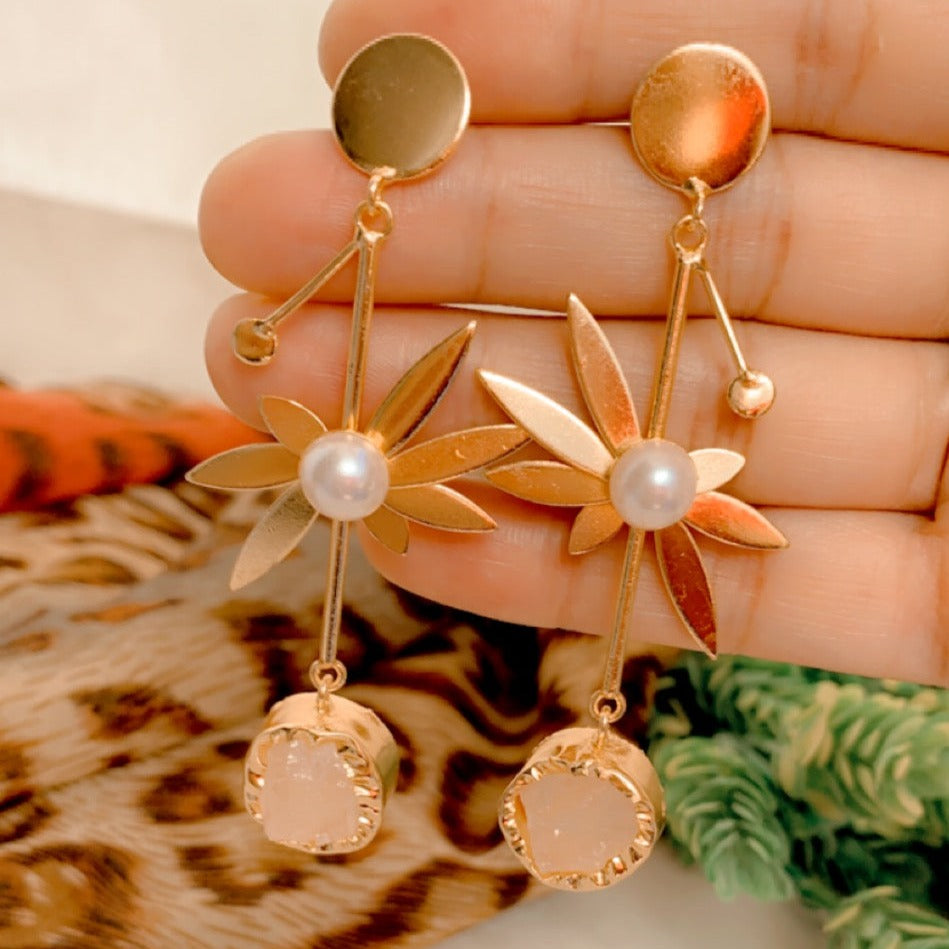 Gold Flower with Pearl and Druzy Stone Contemporary Earrings