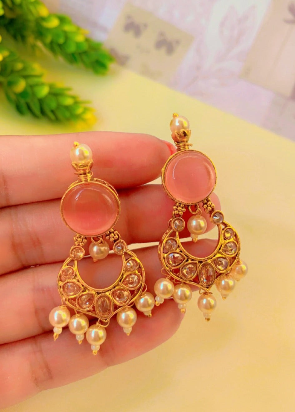 Ora Pink Kundan Pearl Small Chandbali Earrings