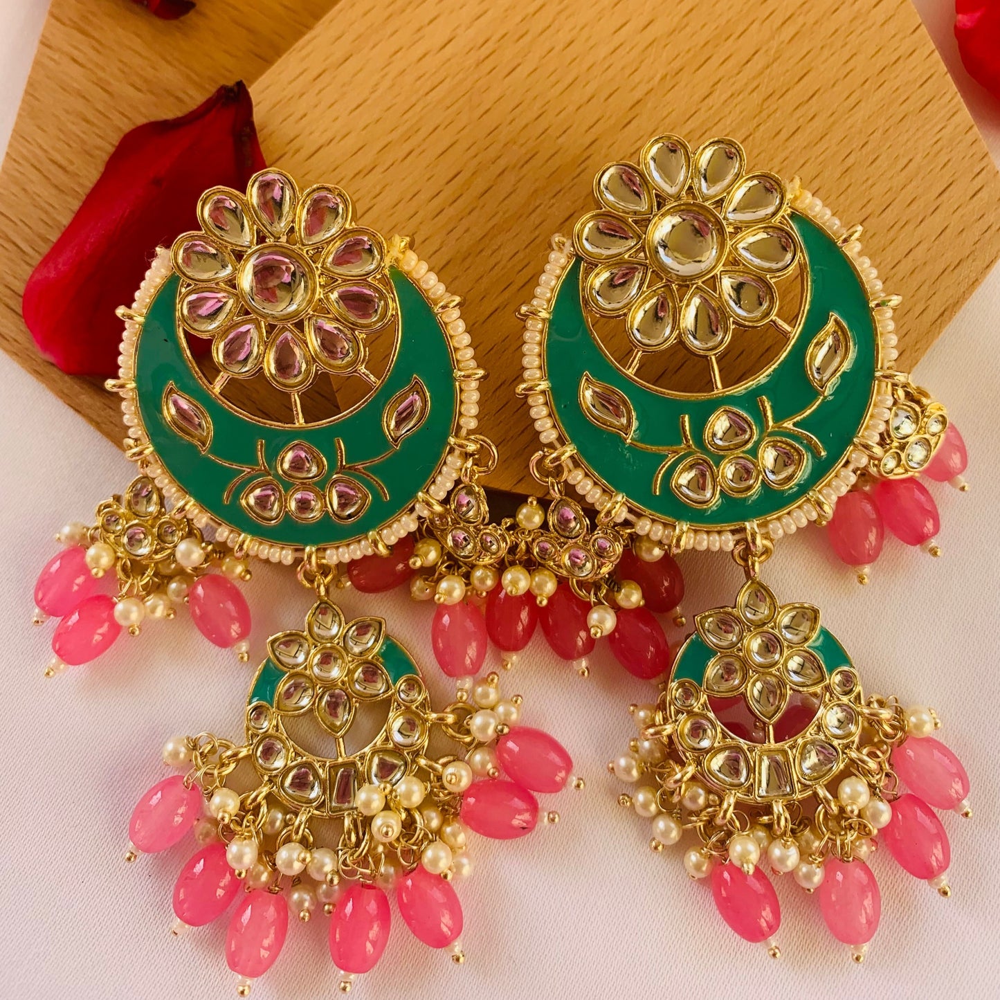 Saira Pastel Green Meenakari & Kundan Floral Chandbalis