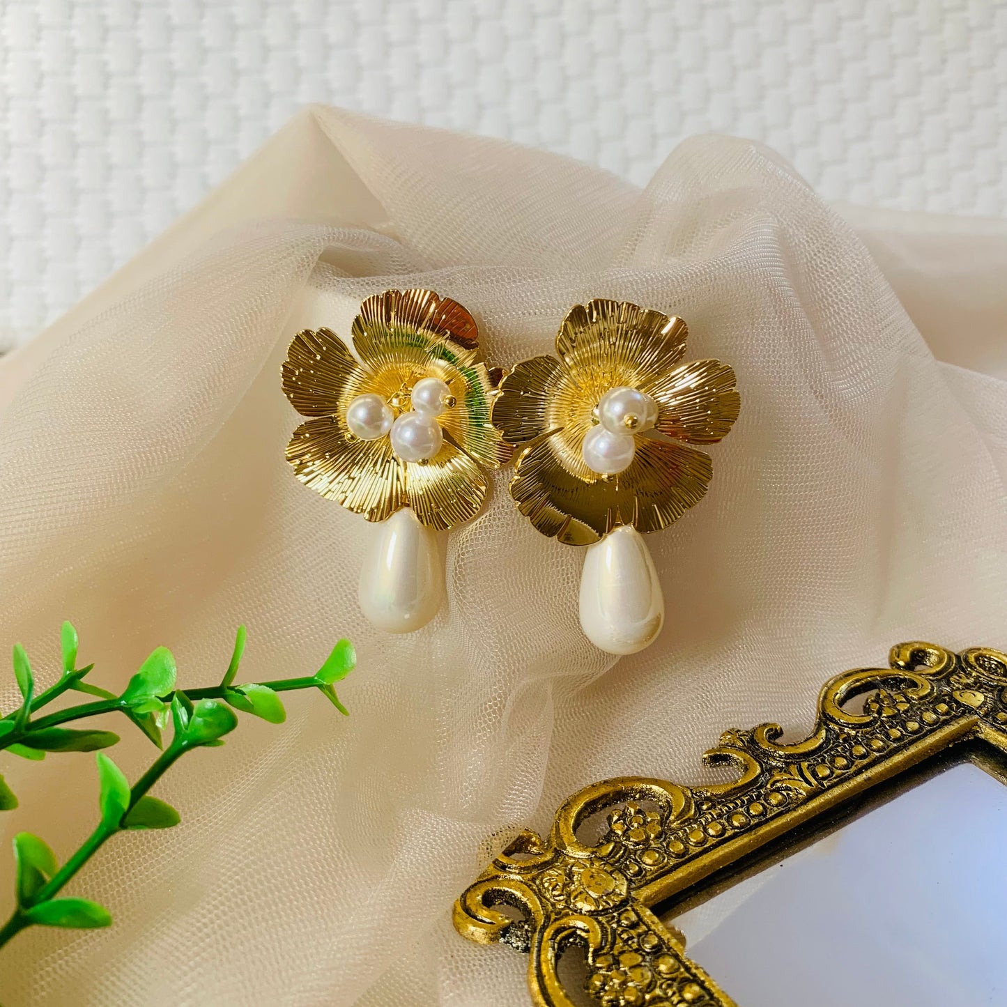 Bold Gold Floral Pearl Drop Earrings