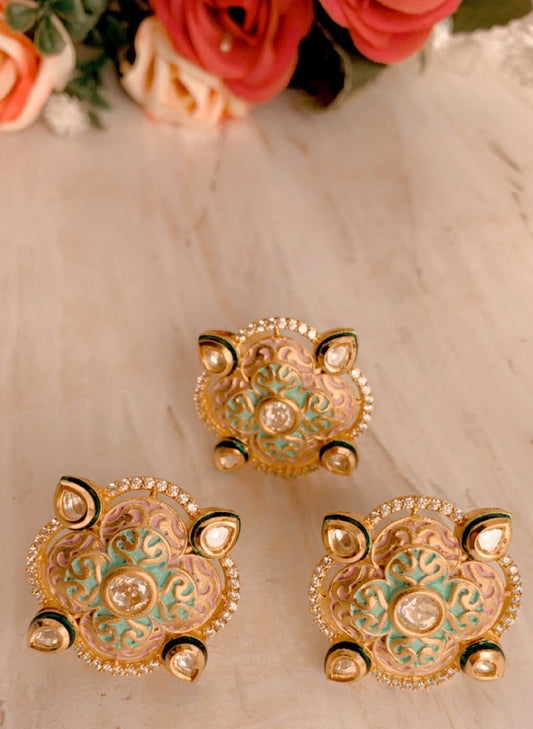 Fulki Meenakari Pink Pista green stud earrings with finger ring