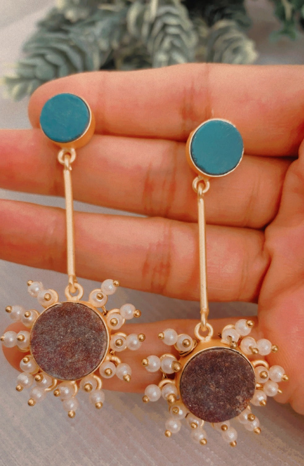 Blue Floral Bloom Long Contemporary Earrings