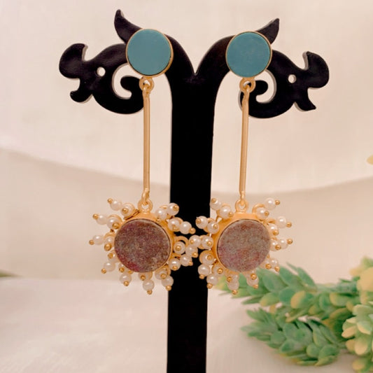 Blue Floral Bloom Long Contemporary Earrings