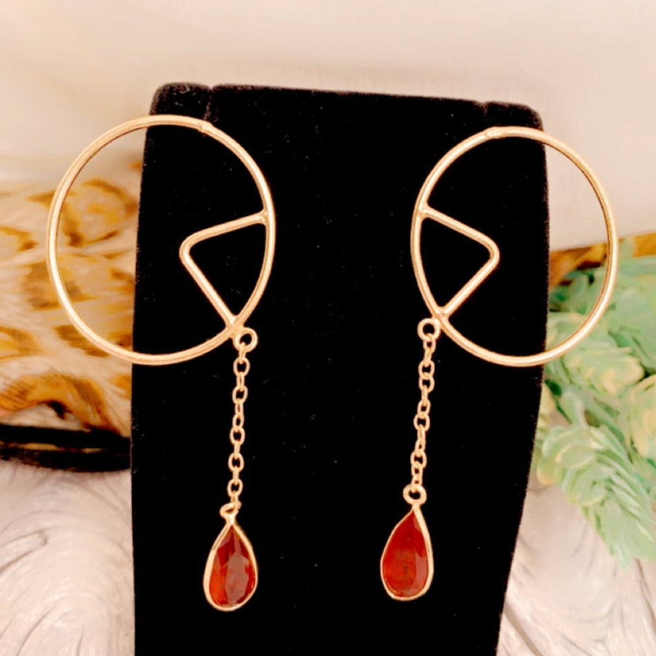 Red Drop Chain Gold Contemporary Earrings