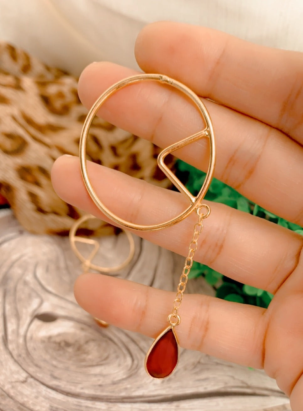 Red Drop Chain Gold Contemporary Earrings