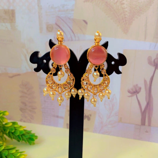 Ora Pink Kundan Pearl Small Chandbali Earrings