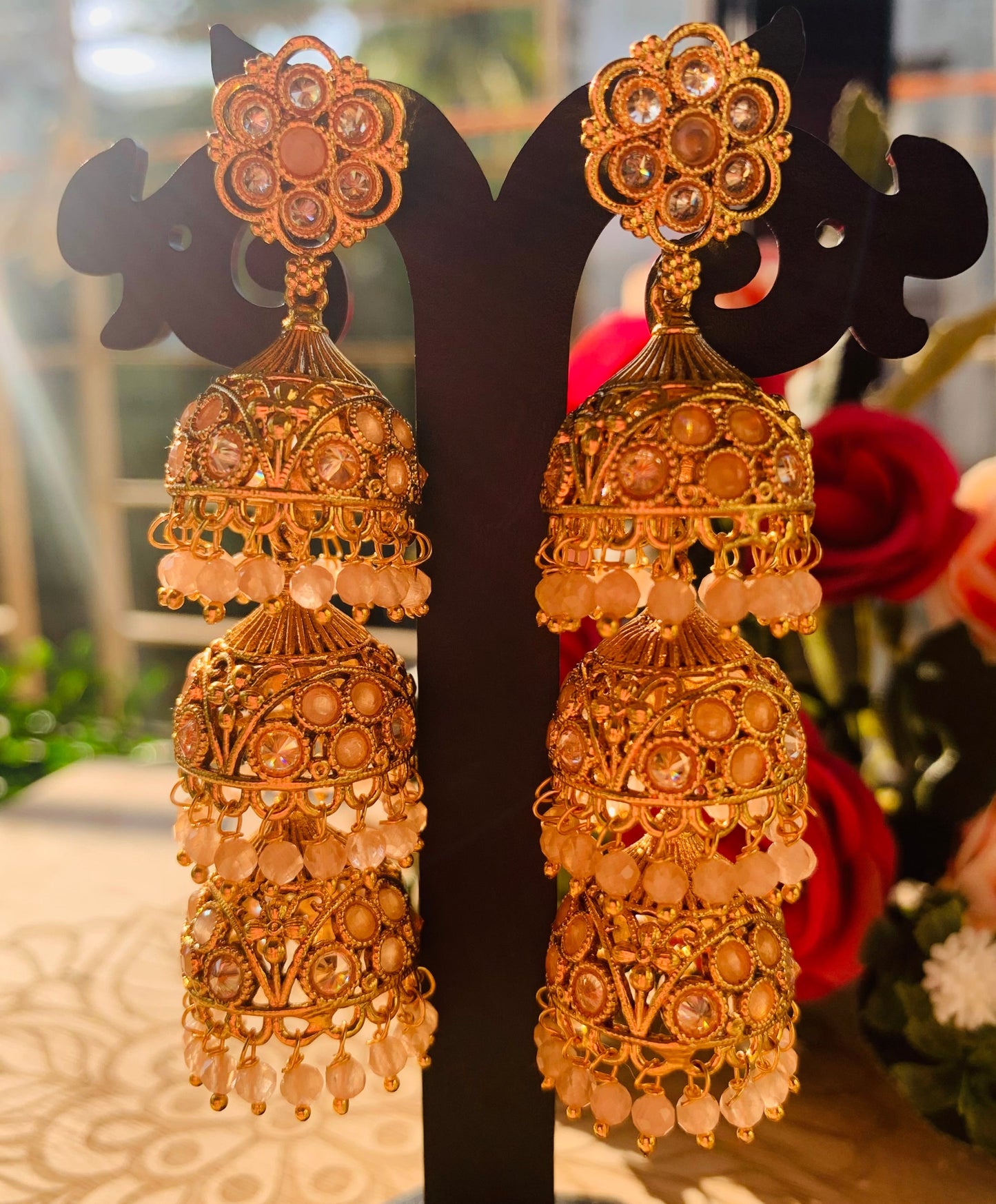 Adhira Gold & Peach Triple Jhumkas