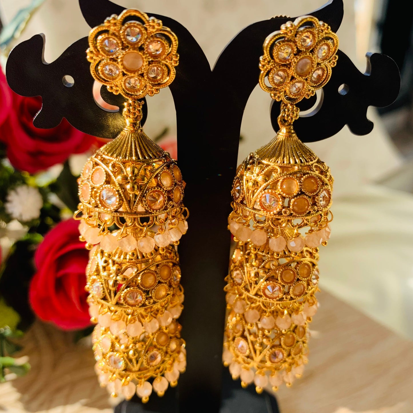 Adhira Gold & Peach Triple Jhumkas