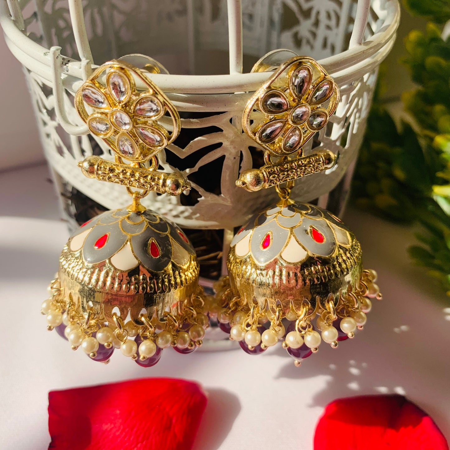 Saira Grey & White Meenakari & Kundan Jhumkas