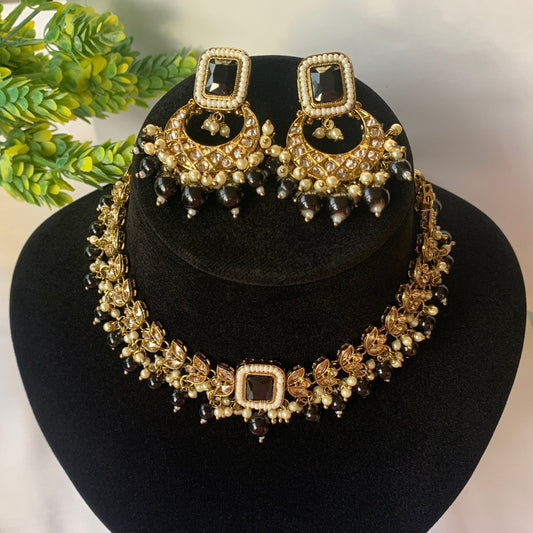 Shanaya Black Choker with White pearls & Chandbali earrings