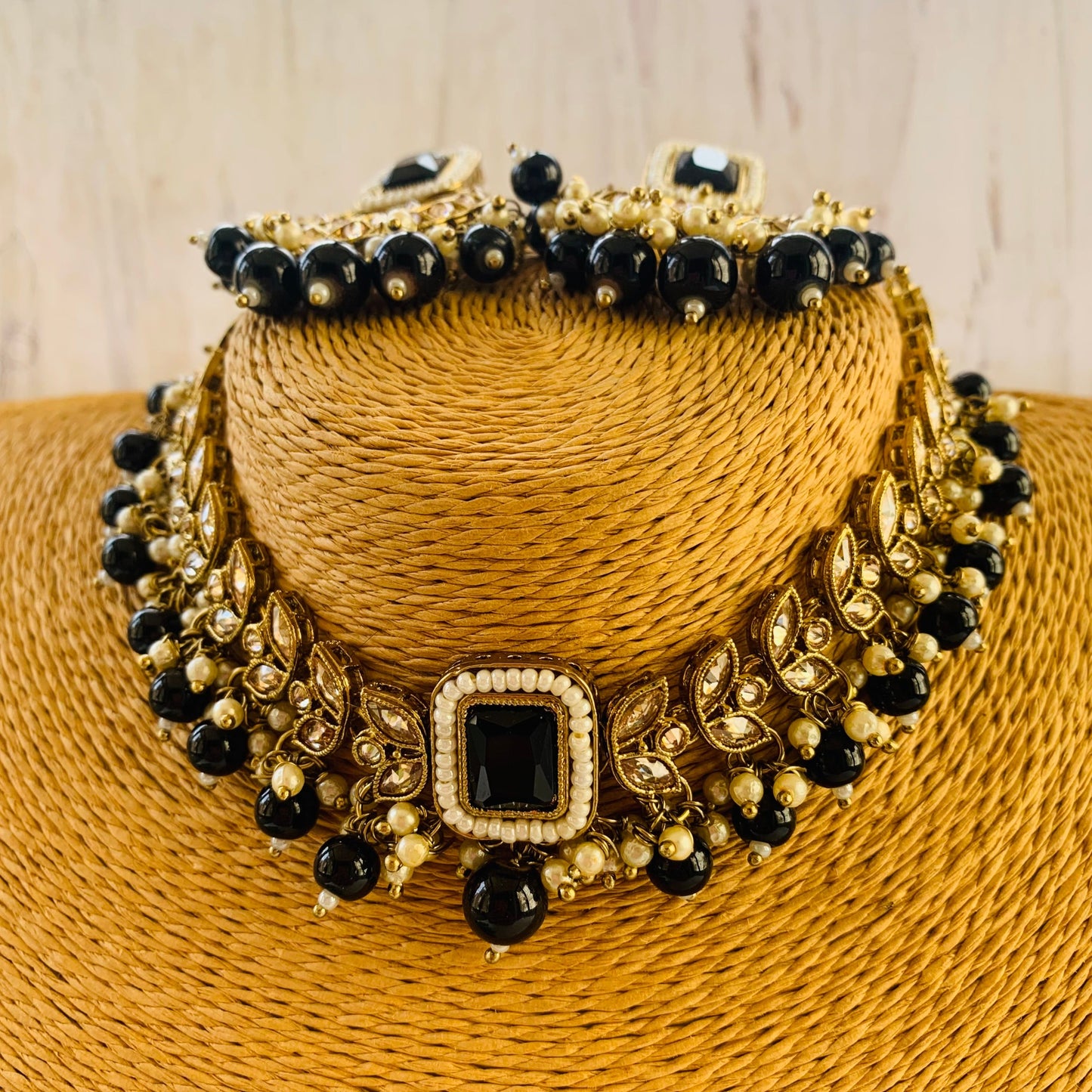 Shanaya Black Choker with White pearls & Chandbali earrings