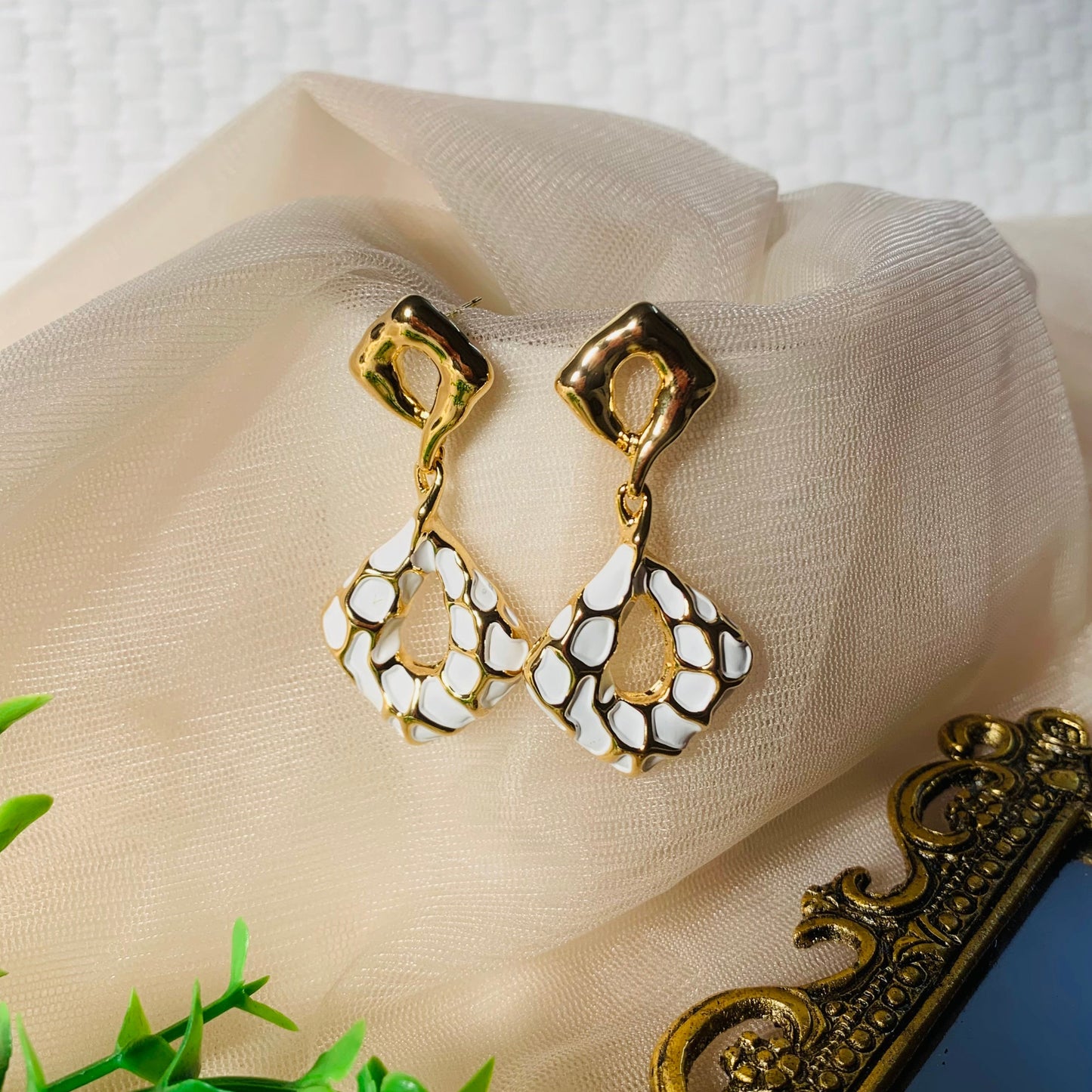 Bold White & Gold Drop Earrings